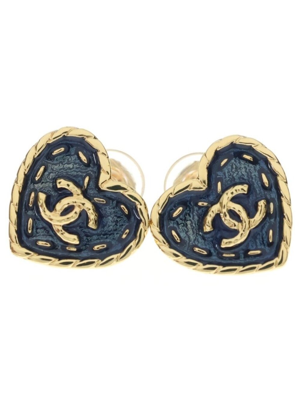 Chanel CC Logo Heart Earrings Gold Blue